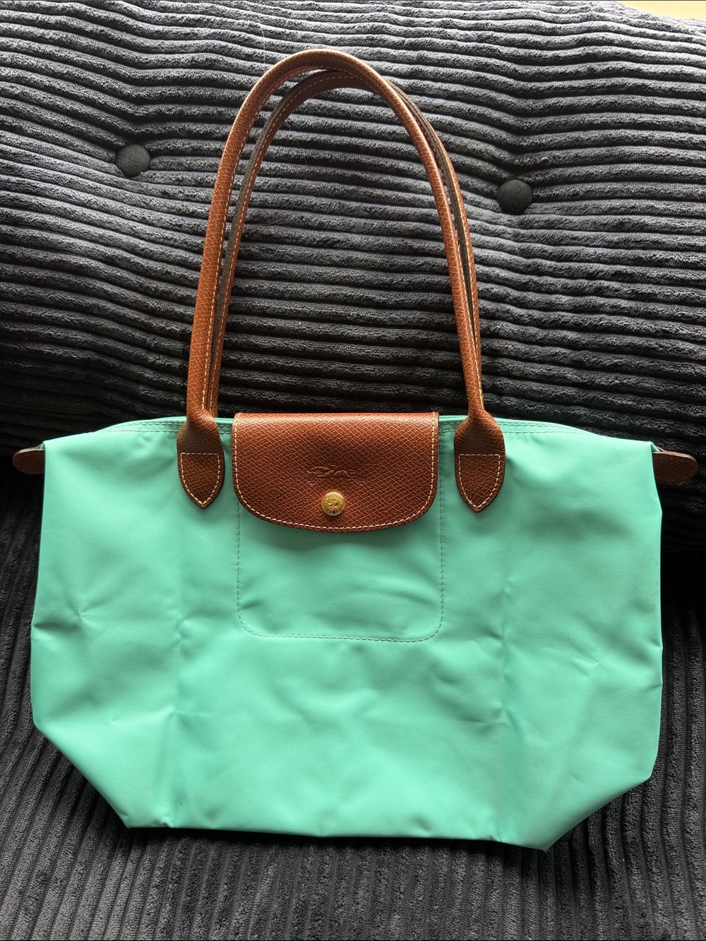 Longchamp Le Pliage Medium Turquoise Green Tote Bag with Brown Leather Trim